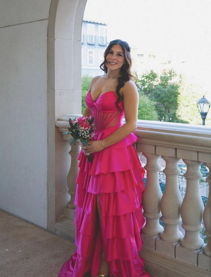 Hot Pink A Line Sweetheart Neck Corset Layered Satin Long Prom Dress Date Dress SH6514