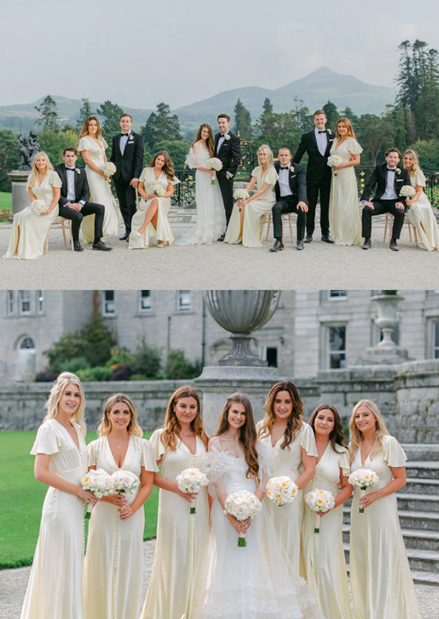 Cream V-neck Short Sleeves Column Elegant Long Bridesmaid Dresses SH5582