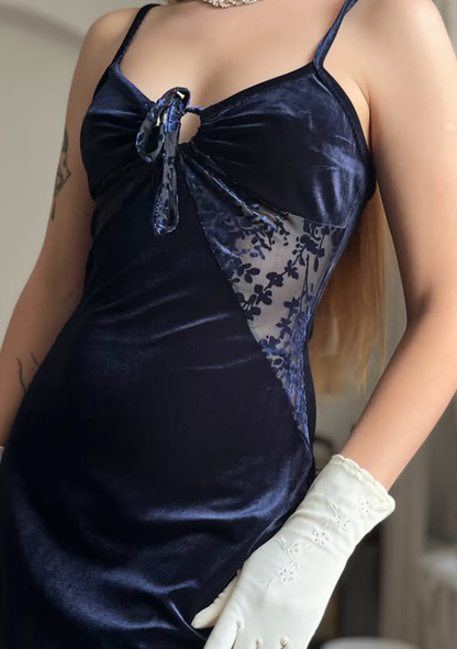 Vintage Sheath Spaghetti Strap Dark Blue Lace Velvet Prom Dress Evening Dress SH6076
