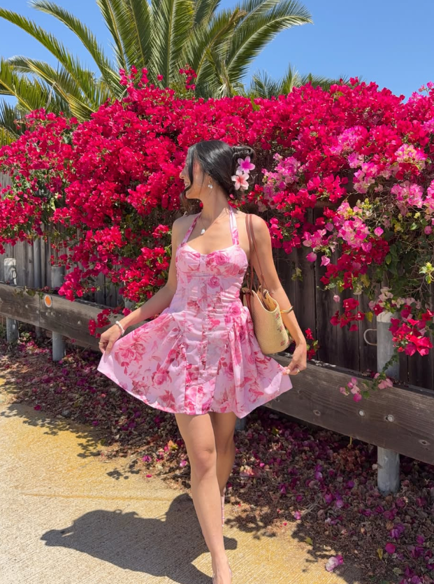 Pink Print Floral A Line Halter Satin Short Prom Dress Homecoming Dress SH6390