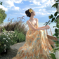 Flowy A Line Spaghetti Strap Floral Yellow Chiffon Prom Dress Vacation Dress SH4138