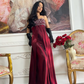 Burgundy Vintage A Line Exquisite Beaded Satin Long Prom Dress Wedding Guest Dress SH5386