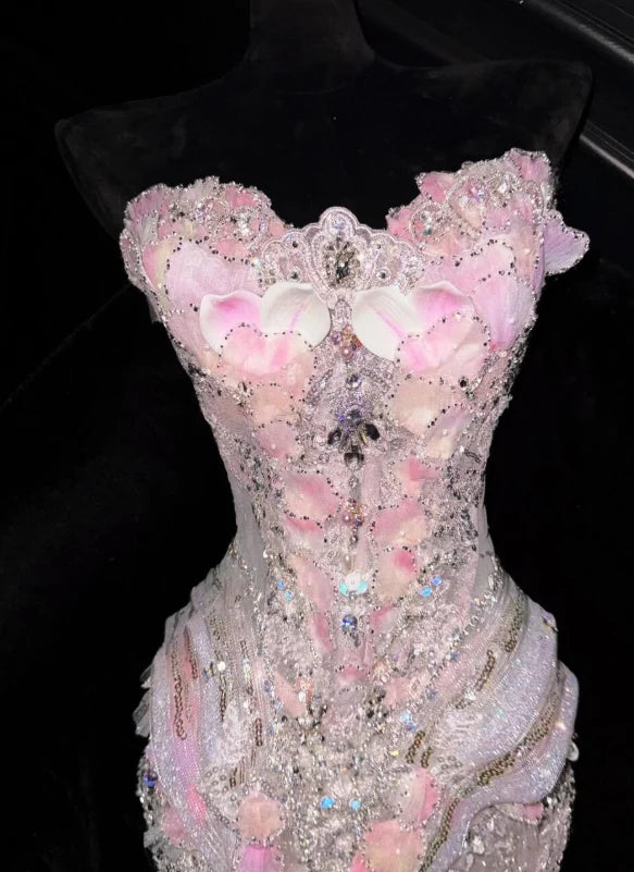 Stunning Pink Mermaid Strapless Exquisite Beaded Floral Tulle Prom Dress Evening Dress SH7170