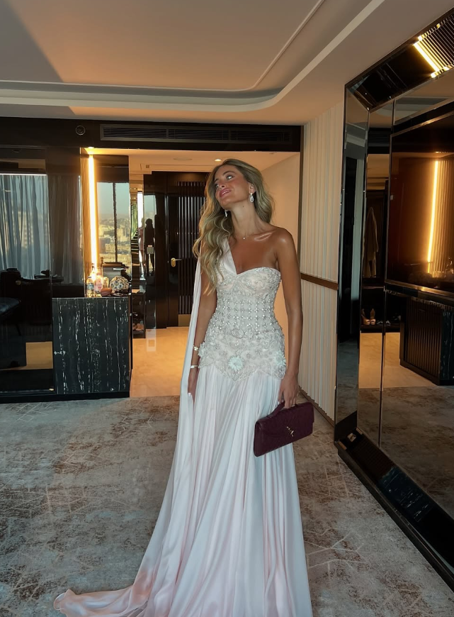 Elegant A Line One Shoulder Beaded Light Pink Satin Prom Dress Wedding Guest Dress SH4722