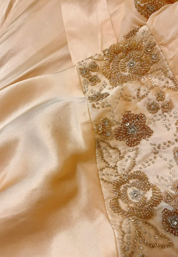 Vintage Champagne Mermaid Halter Beaded Satin Prom Dress Wedding Guest Dress SH4651