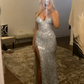 Gold Sequin V Neck Slit Prom Dress Evening Dress SH1122