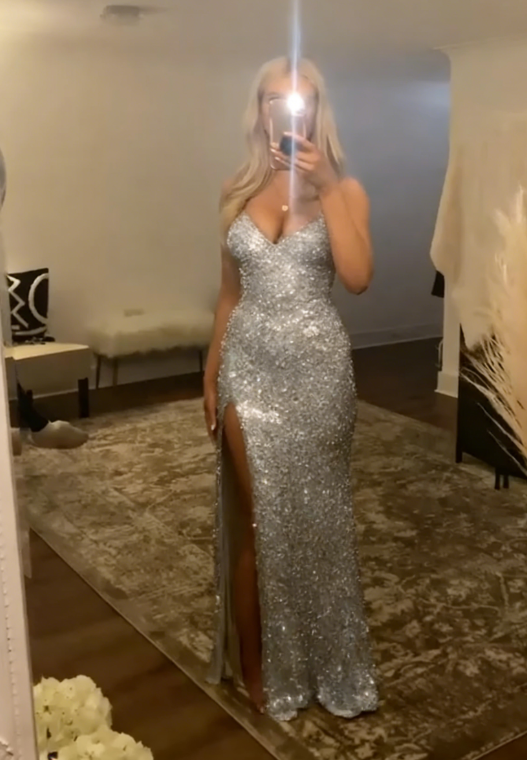 Gold Sequin V Neck Slit Prom Dress Evening Dress SH1122