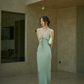 Sage Green Sheath Spaghetti Strap Appliques Satin Long Prom Dress Party Dress Outfits SH4965