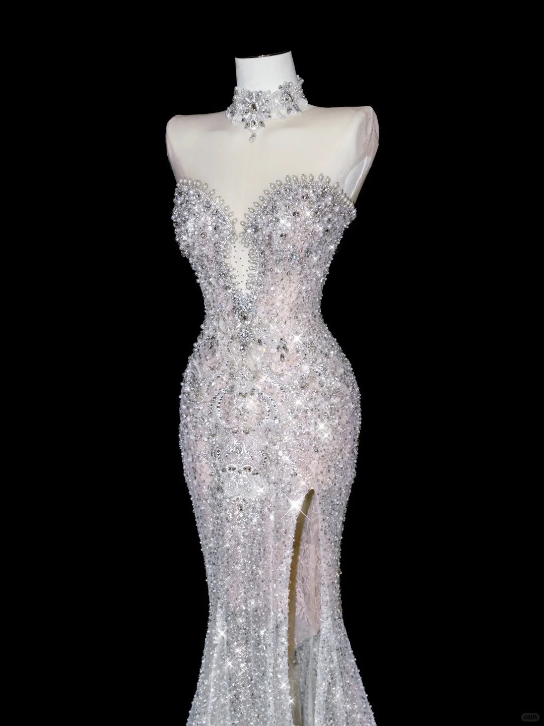 Exquisite Dreamy Mermaid Beaded Pearl Sequin White Tulle Prom Dress Party Dress with Slit SH3492