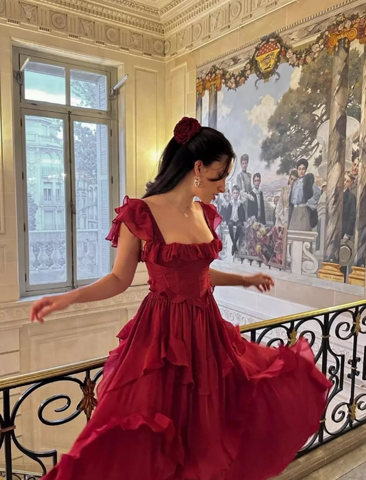 Burgundy A Line Straps Ruffle Chiffon Satin Prom Dress Evening Dress SH2258