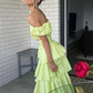 Two Piece A Line Off the Shoulder Layered Satin Long Prom Dress Outfits SH1785