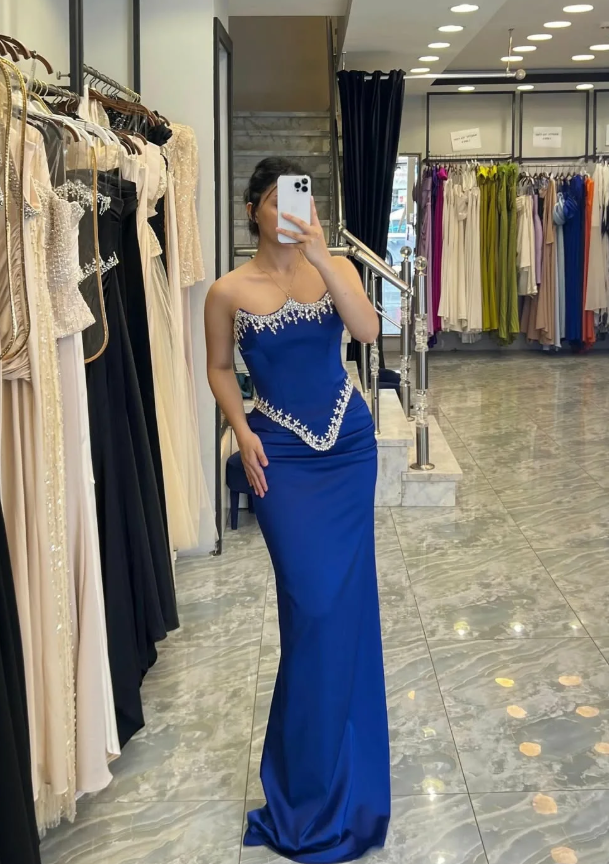 Royal Blue Sheath Strapless Exquisite Beaded Satin Prom Dress Evening Dress SH5413