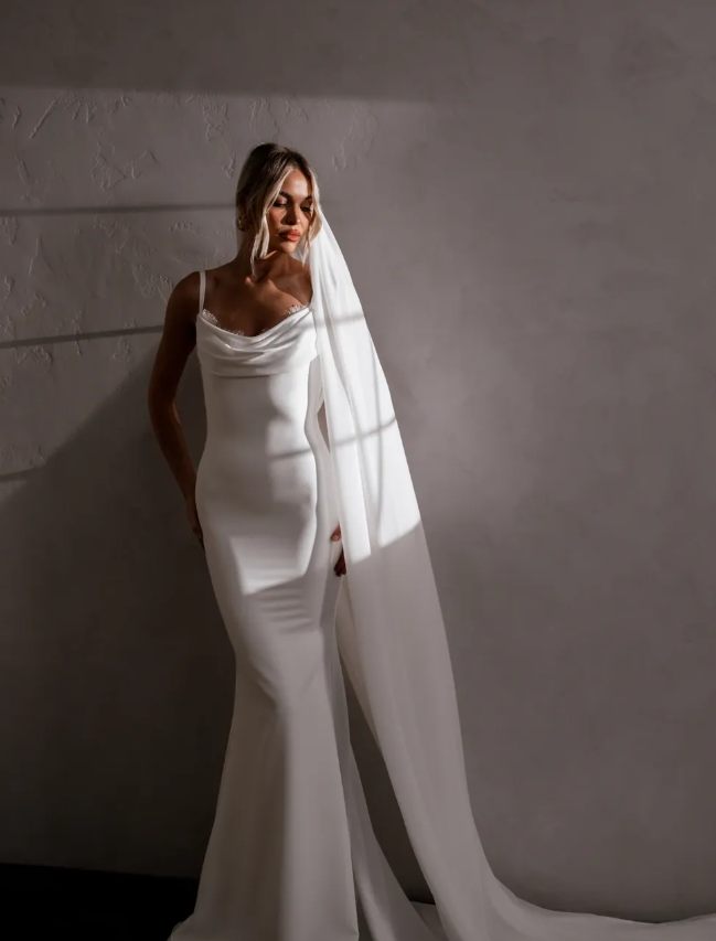 Backless Mermaid Spaghetti Strap White Lace Satin Long Wedding Dress SH7154