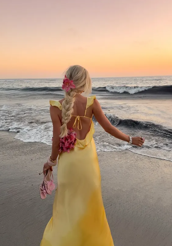 Yellow A Line Straps Satin Open Back Long Prom Dress Outfits SH4806