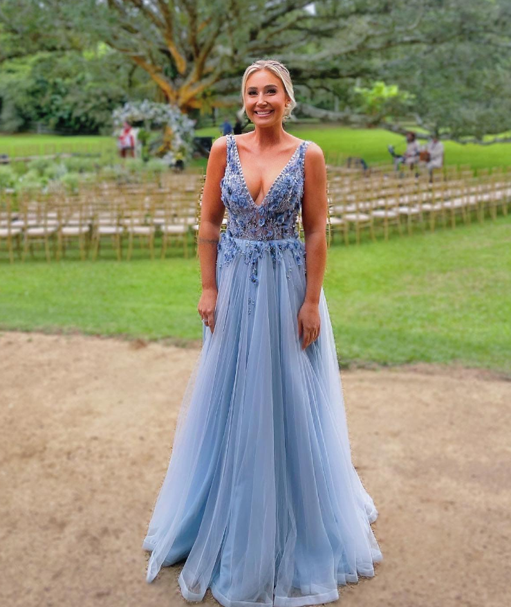 Pretty Blue A Line V Neck Beaded Tulle Long Prom Dress Evening Dress SH6542