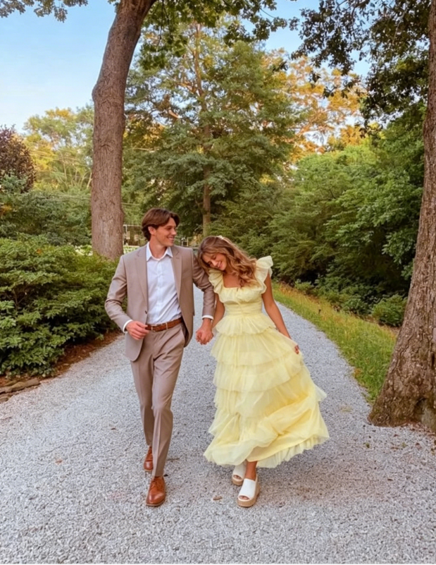 A-Line Square Yellow Tiered Long Prom Dress Princess Tulle Formal Evening Dress SH1049