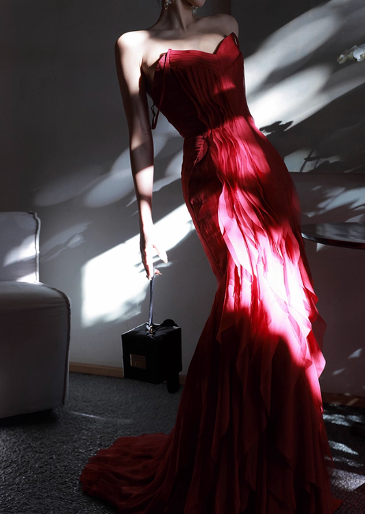 Stunning Burgundy Mermaid Spaghetti Strap Layered Chiffon Prom Dress Party Dress Date Dresses SH4159
