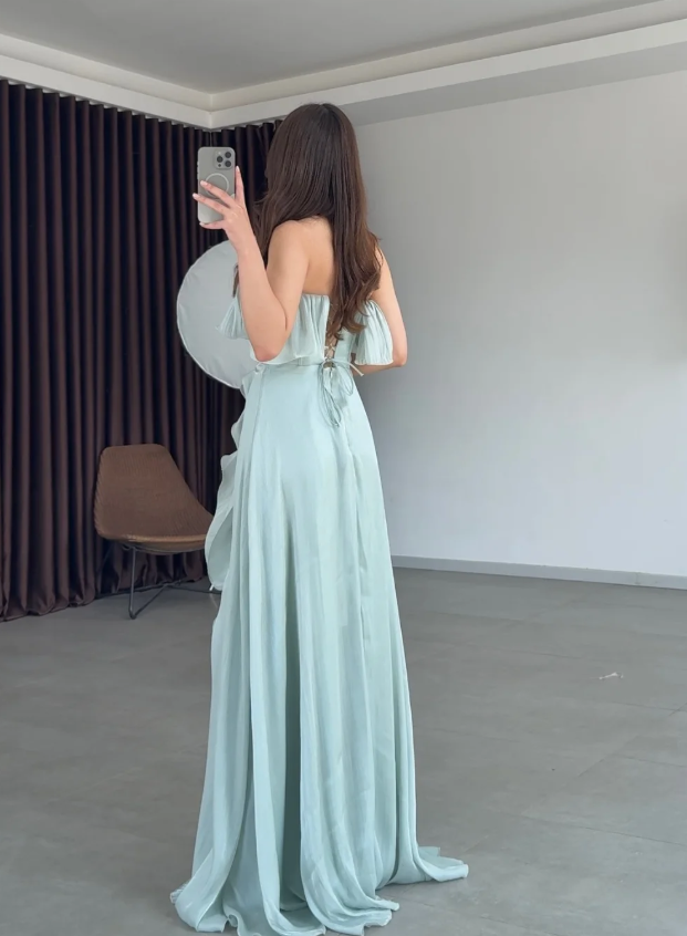 Ethereal A Line Strapless Ruffle Blue Chiffon Long Prom Dress Evening Dress SH7291