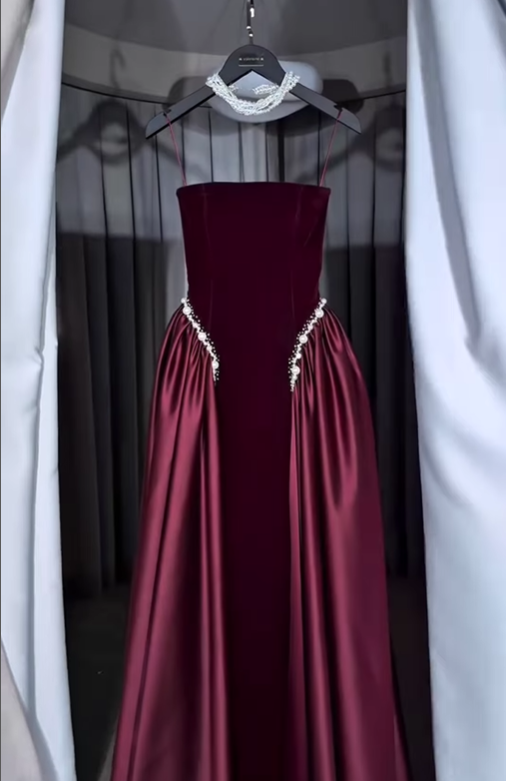 Classy A Line Strapless Pearl Dark Burgundy Velvet Satin Party Dress W shinydress Classy A Line Strapless Pearl Dark Burgundy Velvet Satin Party Dress W shinydress