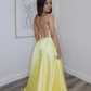 Cute Yellow A Line Spaghetti Straps Beaded Satin Backless Prom Dress Evening Dress SH6647