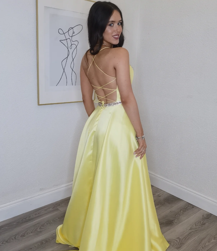 Cute Yellow A Line Spaghetti Straps Beaded Satin Backless Prom Dress Evening Dress SH6647