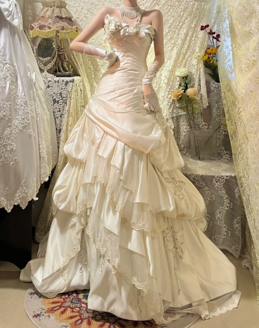 Vintage Ball Gown Strapless Pleated Satin Prom Dresses Wedding Dresses SH4645