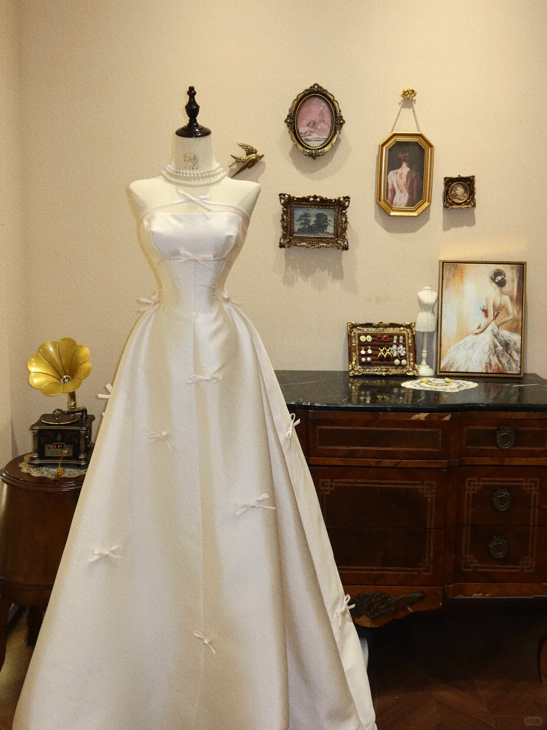 Cute Bow A Line Strapless Ivory Satin Prom Dress Wedding Dress SH7369