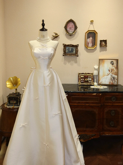 Cute Bow A Line Strapless Ivory Satin Prom Dress Wedding Dress SH7369