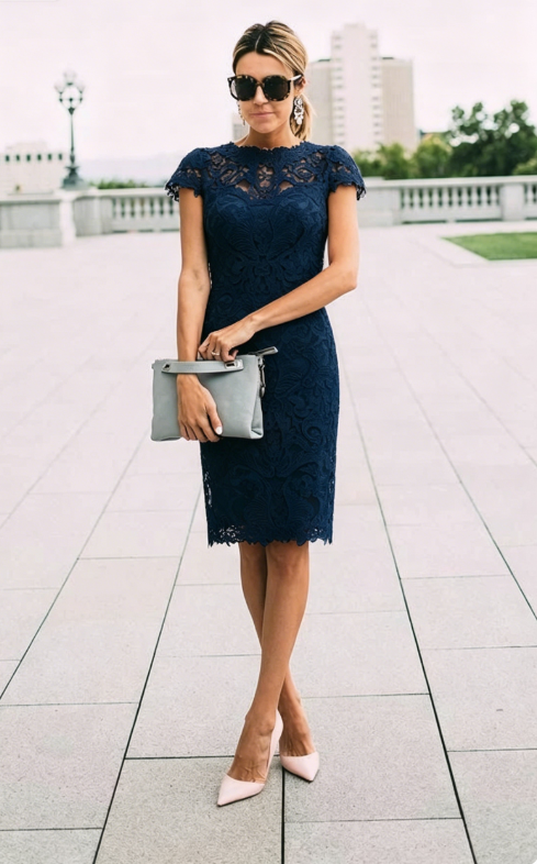 Gentle Pink Sheath Lace Knee Length Mother of the Bride Dress Outfits –  shinydress