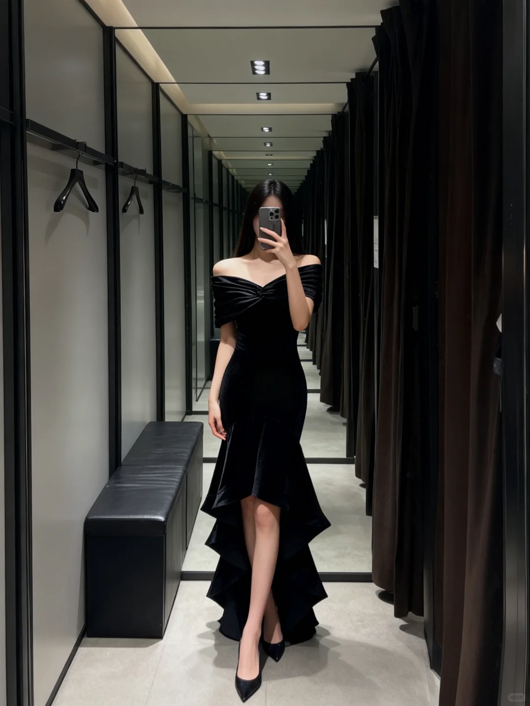 Sexy Mermaid Off the Shoulder Black Ruffle Velvet Long Prom Dress Evening Dress SH5108