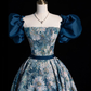 Blue Printed Long Prom Dress A Line Ball Gown Evening Dress SH1271