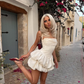 Chic Ivory Satin Halter Sleeveless Square Short Homecoming Dress with Bubble Skirt SH7508