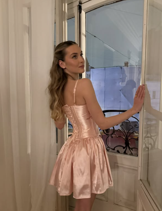 Pink A Line Spaghetti Straps Appliques Satin Short Homecoming Dress Party Dress SH4844