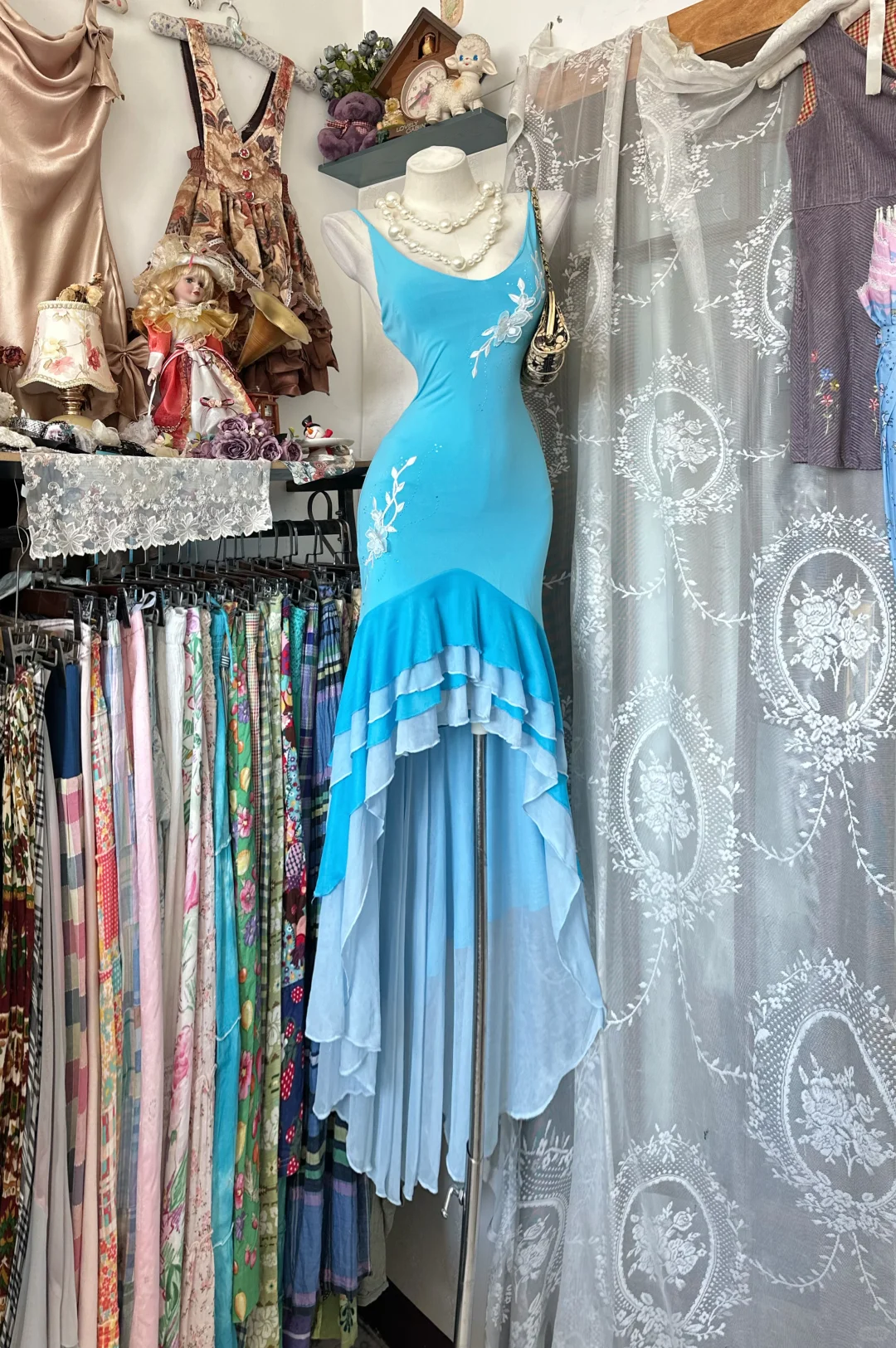 Vintage Mermaid Straps Beaded Blue Layered Chiffon Long Prom Dress SH5245