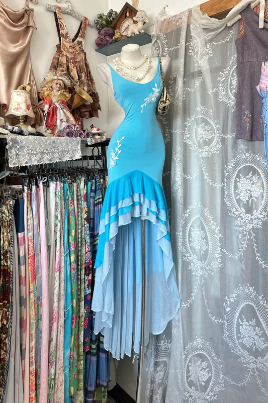 Vintage Mermaid Straps Beaded Blue Layered Chiffon Long Prom Dress SH5245