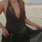 Sexy Dark Brown Sheath Halter Pleated Beaded Chiffon Vacation Dress Outfits SH3895