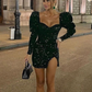 Glitter Sequin Black Puff Long Sleeves Sweetheart Fashion Cocktail Dress,Short Prom Dresses SH688