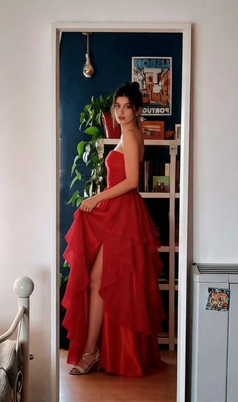 Sexy Red Chiffon Tiered Long Prom Dress A Line Slit Evening Dress SH1495