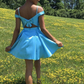 Spaghetti Strap Blue V Neck Back Satin Short Prom Dress With Bow SH660
