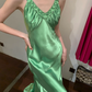 Vintage Mermaid V Neck Beaded Green Satin Long Prom Dress Party Dress SH3034