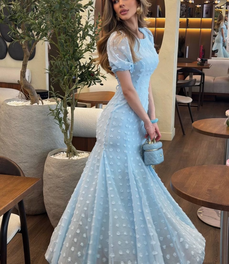 Pretty Mermaid Puff Sleeve Light Blue Chiffon Prom Dress Evening Dress SH8561