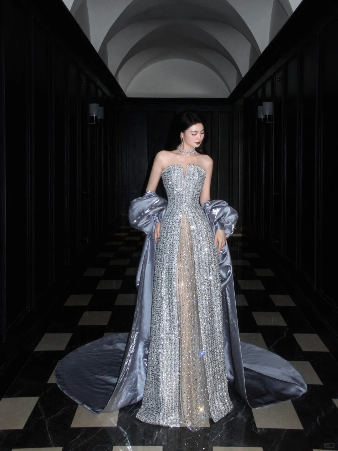 Shiny A Line Strapless Sequin Grey Tulle Satin Long Prom Dress Party Dress SH4195