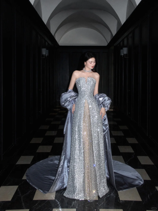 Shiny A Line Strapless Sequin Grey Tulle Satin Long Prom Dress Party Dress SH4195