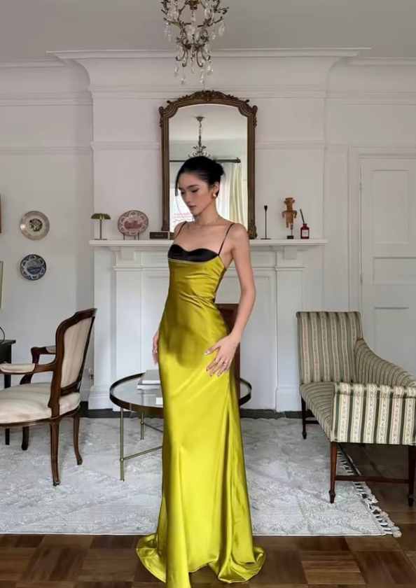 Charming Green A Line Spaghetti Strap Satin Long Prom Dress Evening Dress SH8785