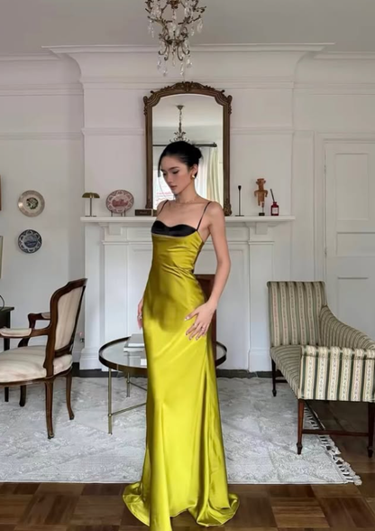 Charming Green A Line Spaghetti Strap Satin Long Prom Dress Evening Dress SH8785
