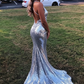 Shiny Sexy Mermaid Straps Silver Sequin Evening Dress Pretty Prom Dresses P7684