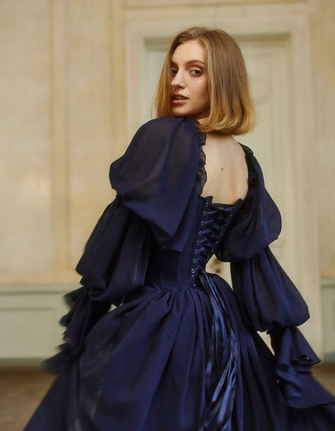 Navy Blue A Line Long Sleeve Chiffon Slit Prom Dress Evening Dress SH6687