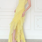 Stunning Yellow Sheath Spaghetti Strap Lace Chiffon Prom Dress Evening Dress SH6760
