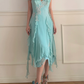 Sweety Blue A Line Straps Lace Appliques Chiffon Tea Length Prom Dress Outfits SH5444