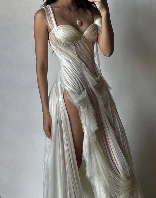 Stunning A Line Straps White Chiffon Prom Dress Evening Dress with Slit SH2259